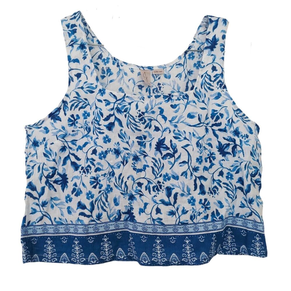 Joie Tank Top XLarge Blue White Floral 100% Linen Sleeveless Pullover Blouse
